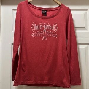 Women's Long Sleeve Harley Davidson T-Shirt Off Shoulder Red Sparkle Logo Sz L